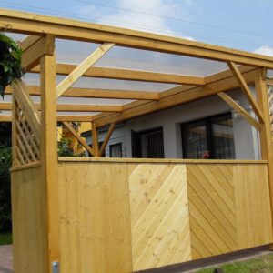 Holz Vordach Laura mit Windschutz Zaun